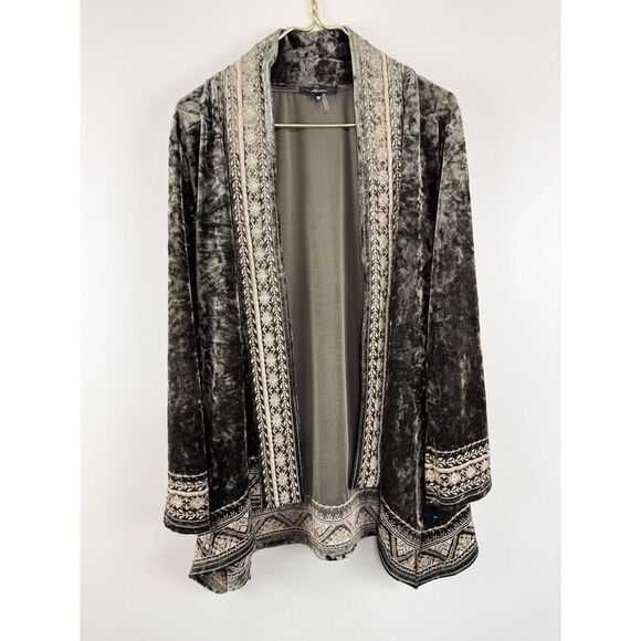 Andree by Unit Velvet Cardigan Women's M Green Embroidered Kimono Boho - Picture 1 of 7